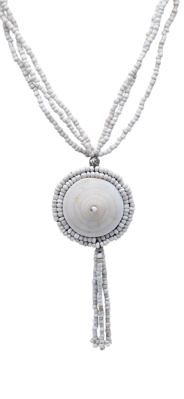 White Beaded Pendant Necklace Circular Disc Tassel Layered Strand Coastal Resort
